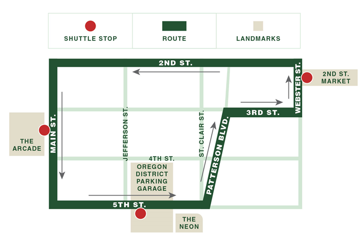 Free shuttle service map for Dayton Art Fair